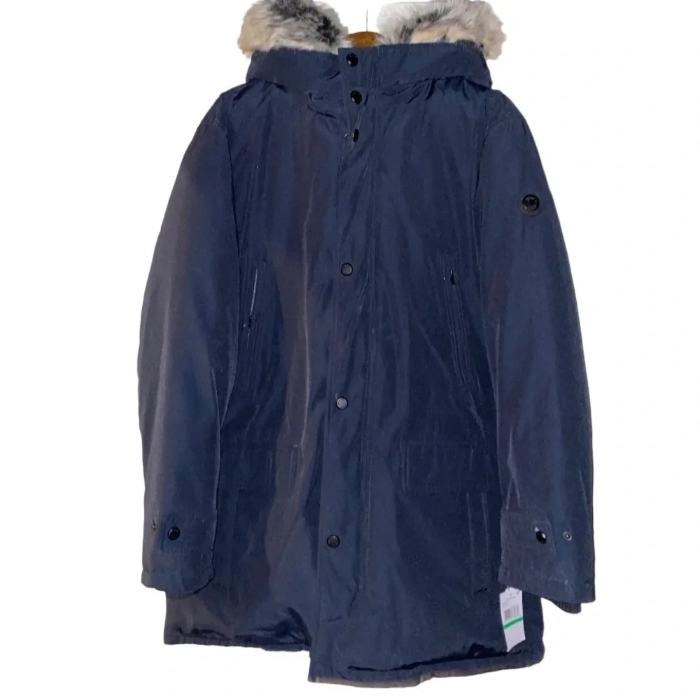 Michael Kors Faux Fur‎ Hooded Bib Snorkel Parka Blue Coat Jacket Men L NEW